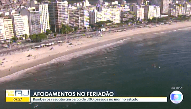 Do sábado de Carnaval até ontem os bombeiros do Grupamento Marítimo fizeram 800 resgates no mar – TV Globo (Bom Dia Brasil)