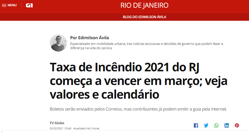 Taxa de Incêndio 2021 do RJ começa a vencer em março; veja valores e calendário – TV Globo/ RJTV