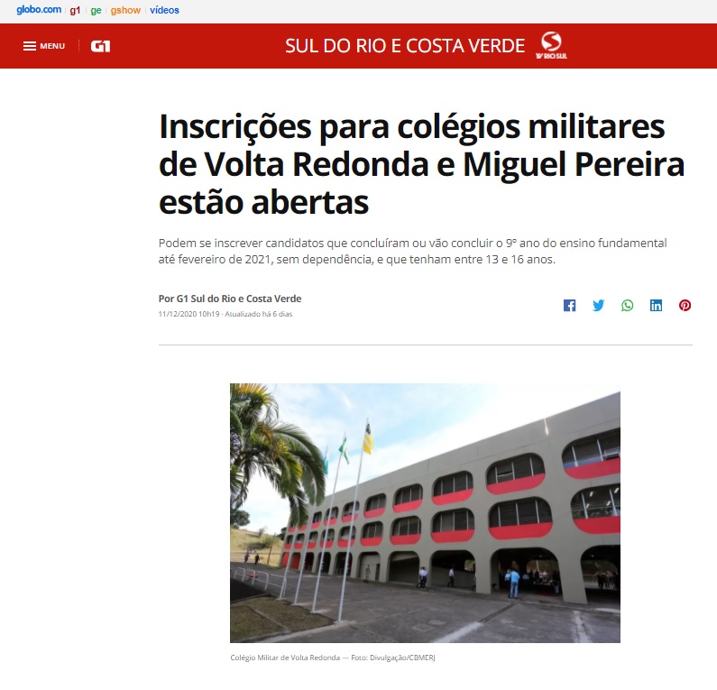 Inscrições abertas para Colégios Militares do CBMERJ – G1 / TV Rio Sul