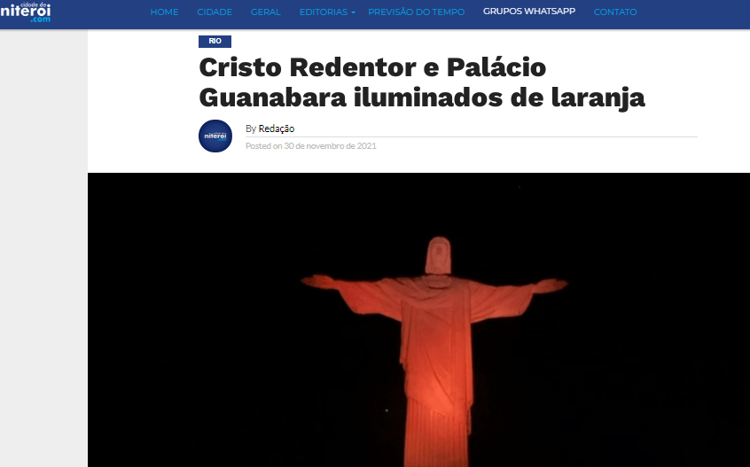 Cristo é iluminado de laranja no dia Dia Estadual de Redução de Riscos de Desastres – Cidade de Niterói
