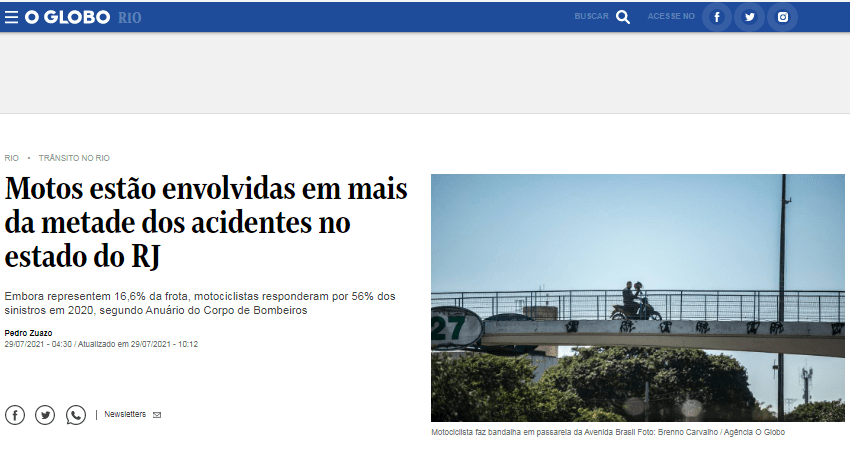 Motos estão envolvidas em mais da metade dos acidentes no estado do RJ – O Globo