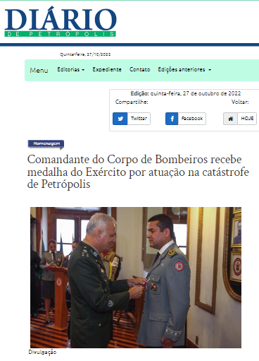 Comandante do Corpo de Bombeiros recebe medalha do Exército por atuação na catástrofe de Petrópolis (Diário de Petrópolis)